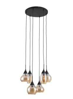 Best Pronto Wonen Hanglamp zwart amber glas 6-lichts - Lungo