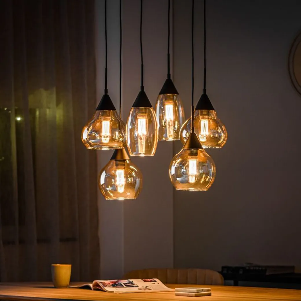Best Pronto Wonen Hanglamp zwart amber glas 6-lichts - Lungo
