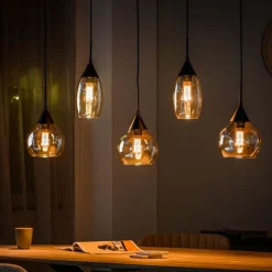 Hot Pronto Wonen Hanglamp zwart amber glas 5-lichts - Lungo