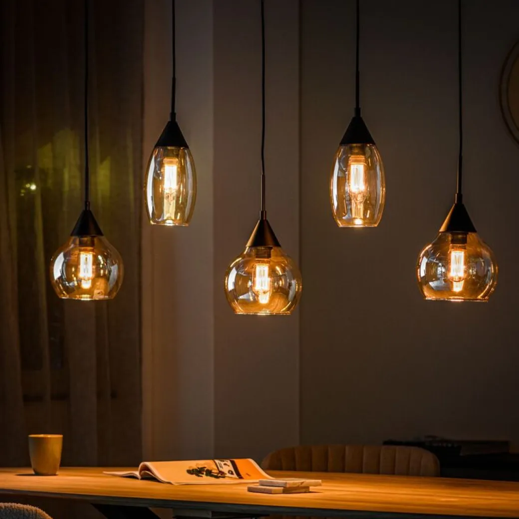 Hot Pronto Wonen Hanglamp zwart amber glas 5-lichts - Lungo