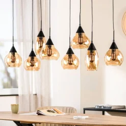 Pronto Wonen Hanglamp zwart amber glas 8-lichts - Lungo