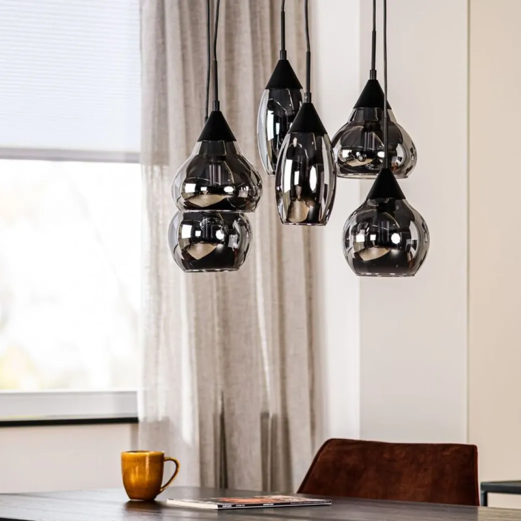 Outlet Pronto Wonen Hanglamp zwart smoke glas 6-lichts - Lungo
