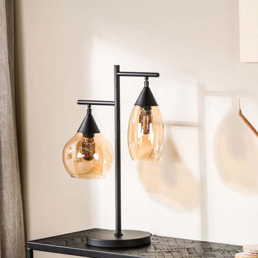 New Pronto Wonen Tafellamp zwart amber glas 2-lichts - Lungo