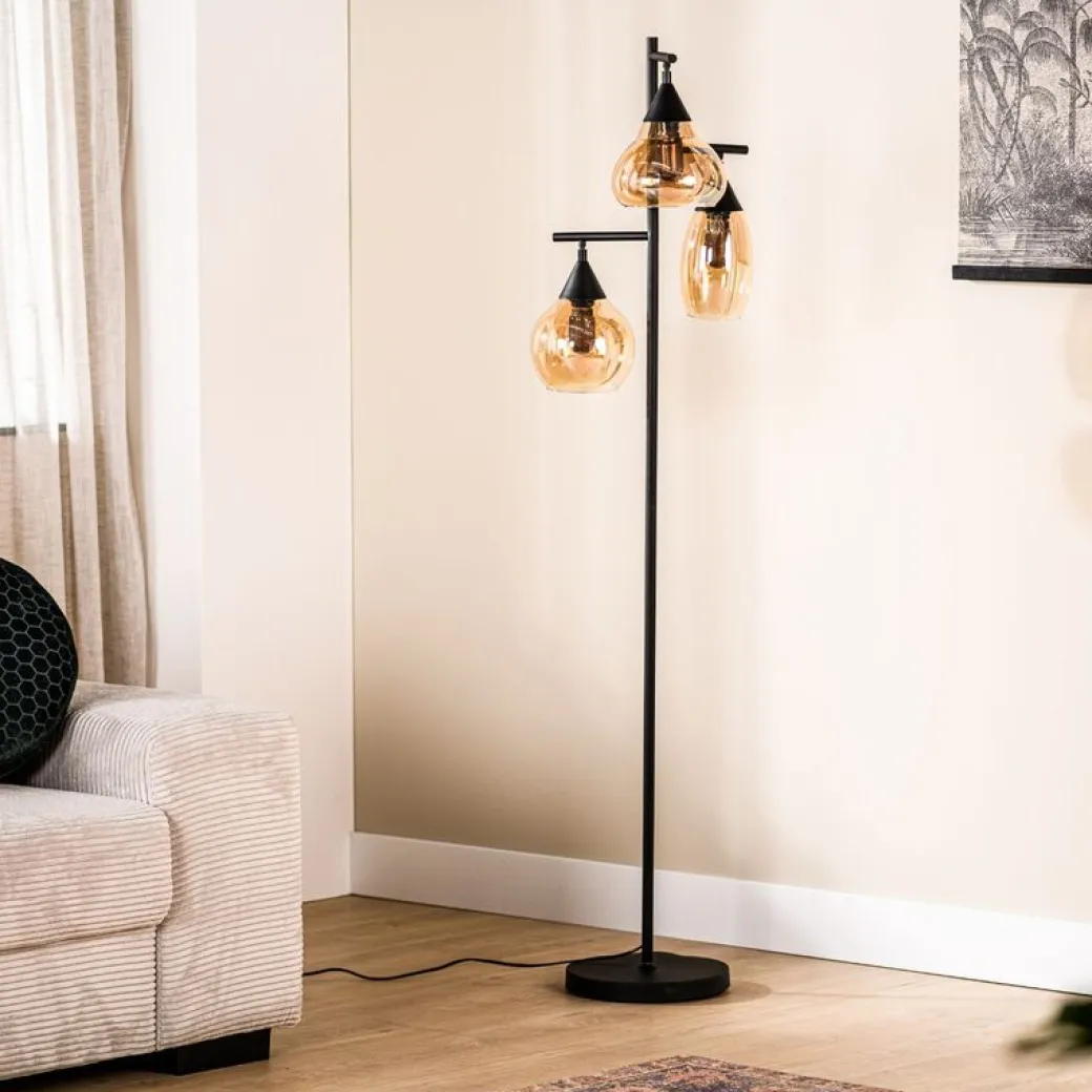 New Pronto Wonen Vloerlamp zwart amber glas 3-lichts - Lungo