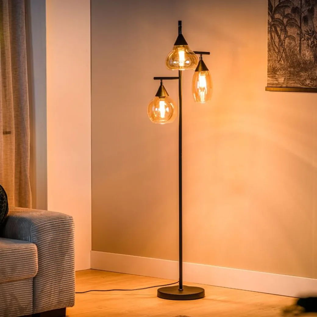 New Pronto Wonen Vloerlamp zwart amber glas 3-lichts - Lungo